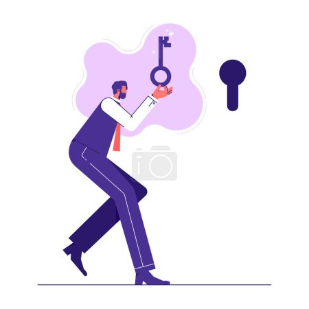 Illustration for Key to success and achieve business target concept, career achievement or secret for success in work, vector illustration of man with key to keyhole - Royalty Free Image
