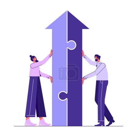 Illustration for Merger and Acquisitions, partnership or work together, growth solution or cooperation, support or progress challenge concept, business people push arrow jigsaw to join to success - Royalty Free Image