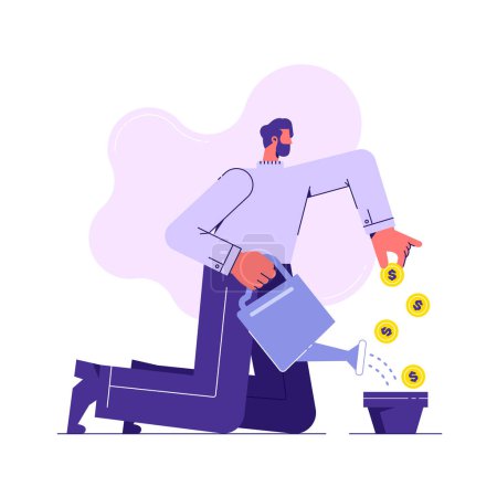 Illustration for Financial success, wealth, profit concept. businessman growing income watering plant with coins vector illustration - Royalty Free Image