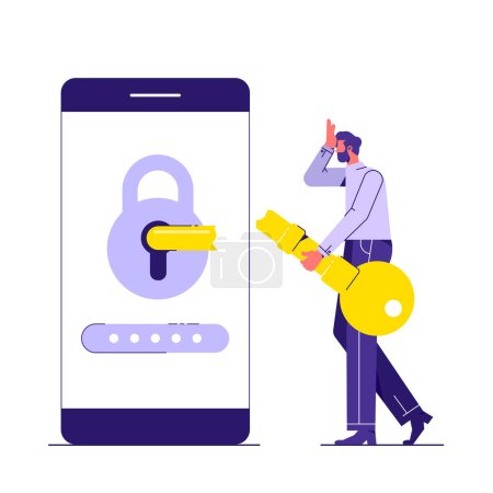 Illustration for Forgot password, wrong password or key, access denied, protection and security system. a user with broken key is confused because he can't log into his account. login attempt failed. illustration concept design - Royalty Free Image