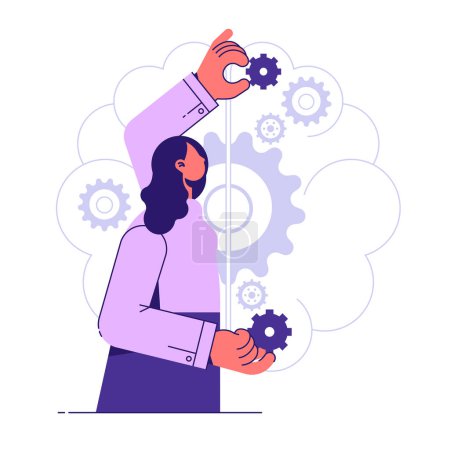 Illustration for Woman fixing gears, changing settings of complex business system. Analysis, mindset setup thinking concept. Analyst with cogwheels - Royalty Free Image