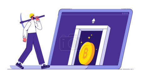 Illustration for Earning and working with bitcoins illustration concept, man with pickaxe mining to find bitcoins and cryptocurrency at laptop screen - Royalty Free Image