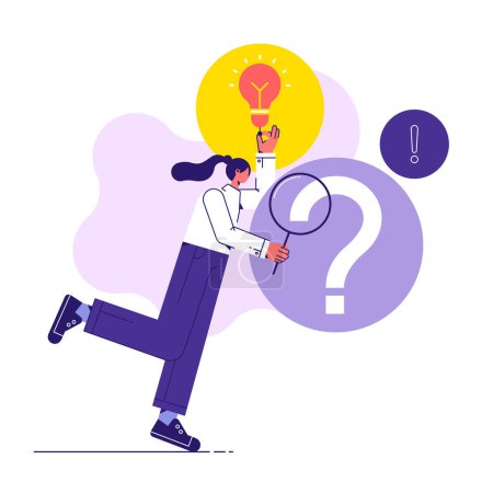 Illustration for Finding solution in business concept. woman holding magnifying glass over question mark symbol finding solution in work. Search for solution or new business opportunity, vector illustration - Royalty Free Image