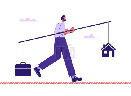 Téléchargez les illustrations : Homme marchant sur une corde raide avec équilibre travail-vie privée. Équilibrer travail et vie privée illustration vectorielle - en licence libre de droit