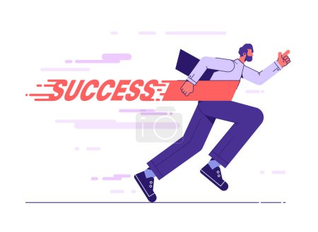 Illustration for Businessman crossing finish line and tearing ribbon finishing first in a market race. Confident businessman win race competition achieving success. Career achievement leadership concept flat vector - Royalty Free Image
