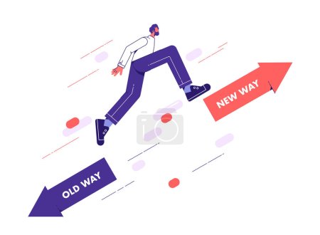 Businessman jump from old way arrow to growing up new way arrow, chooses to move forward to the new way, concept for adapting to change, improvement and development for the self or the business