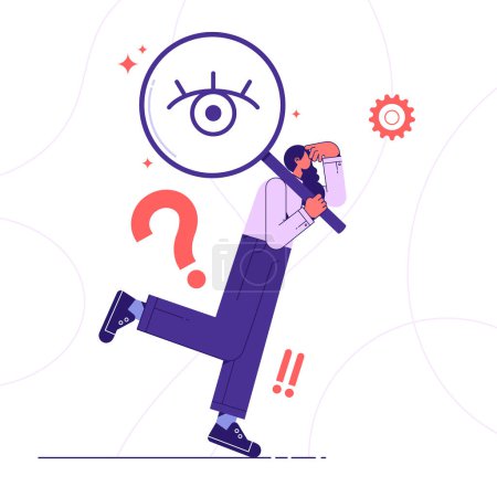 Illustration for Concept of frequently asked questions, query, investigation, search for information, Woman standing holding magnifying glass and searching for information, flat vector illustration - Royalty Free Image
