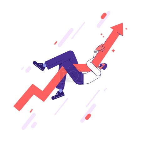 Illustration for Stock market rising and positive growing concept, businessman hangs on rising arrow meaning success in business vector illustration - Royalty Free Image