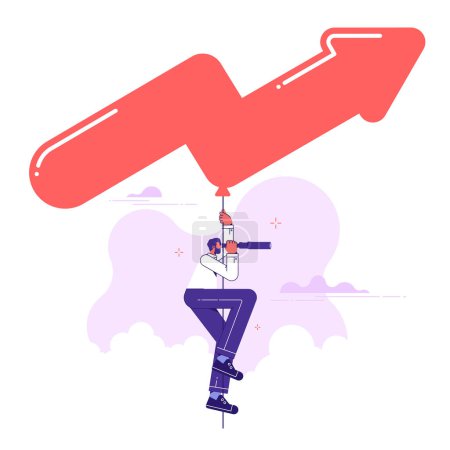 Ilustración de Hombre con spyglass colgado flecha globo de aire caliente en busca de nuevas oportunidades de negocio, vector de ilustración de la visión de negocio o nuevo concepto de oportunidad de negocio - Imagen libre de derechos