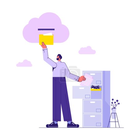 Illustration for Man opening drawer of storage cabinet full of documents. Scene for electronic file organization service, Cloud computing concept in flat style - Royalty Free Image