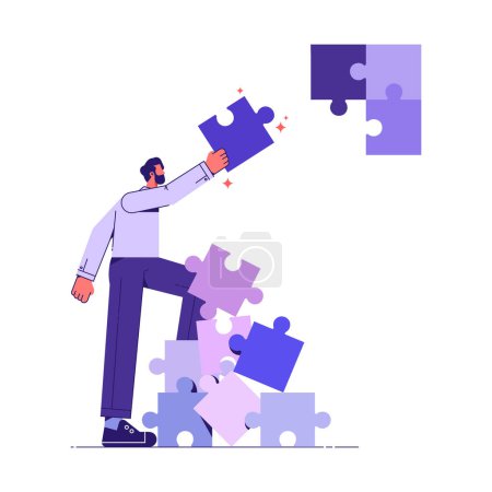 Illustration for Finding the right business solution concept, man fitting together pieces of a jigsaw puzzle, solutions and problem solving, flat vector illustration - Royalty Free Image