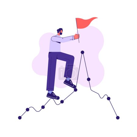 Illustration for Goals accomplished. Achieving personal or business goals, Businessman planting flag on top of business graph Metaphor for achievement and goals. Vector illustration - Royalty Free Image