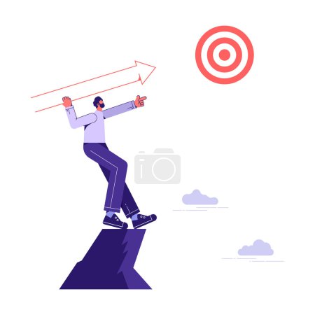 Illustration for Businessman standing on peak of cliff targeting dartboard with big arrow. Businessman aiming target on cliff, success business metaphor - Royalty Free Image