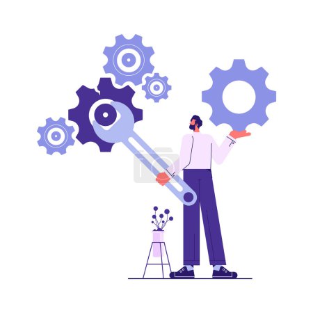 Illustration for Technical support and repair. Businessman uses wrench repair big gears, support staff with tools. System or business setup. Client service. Vector illustration - Royalty Free Image