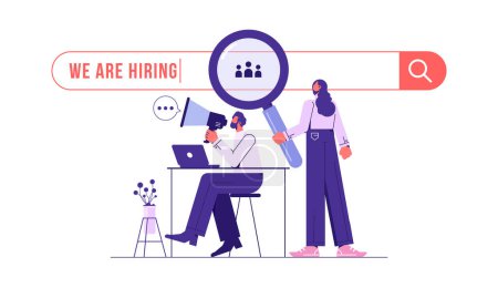 Illustration for Man with loudspeaker and woman with magnifying glass to choose job interview people, we are hiring, job vacancy or headhunting concept - Royalty Free Image