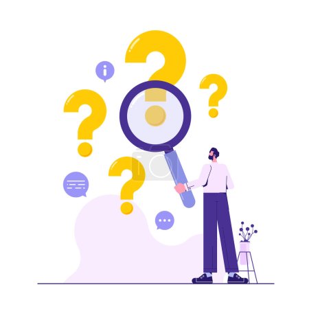 Illustration for Man holding magnifying glass and looking for answer. Concept of frequently asked questions, query, investigation, search for information - Royalty Free Image