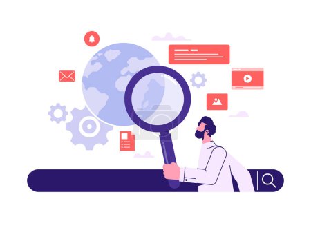 Illustration for Man in search bar looking through magnify glass. Concept of searching, finding, information service, Q and A, customer support, find the answer. Flat vector illustration - Royalty Free Image