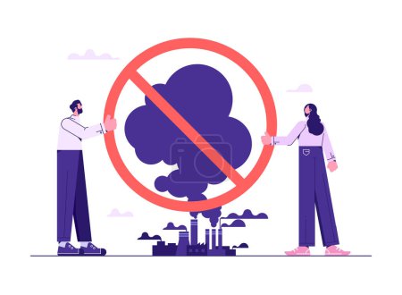 Téléchargez les illustrations : Homme et femme tenant signe d'interdiction rouge pour arrêter l'augmentation des usines et de la pollution de l'environnement. Illustration conceptuelle du réchauffement climatique et de l'environnementa - en licence libre de droit