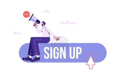 Illustration for Attention message or motivation for user to signing up or login to online account concept, businessman with megaphone motivate user to sign up now, call to action in online advertising - Royalty Free Image