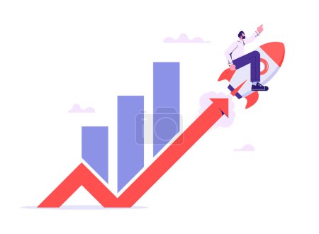 Illustration for Growth or investment, wealth or earning rising up graph, business sales or profit increase concept, financial graph with exponential arrow from flying rocket - Royalty Free Image
