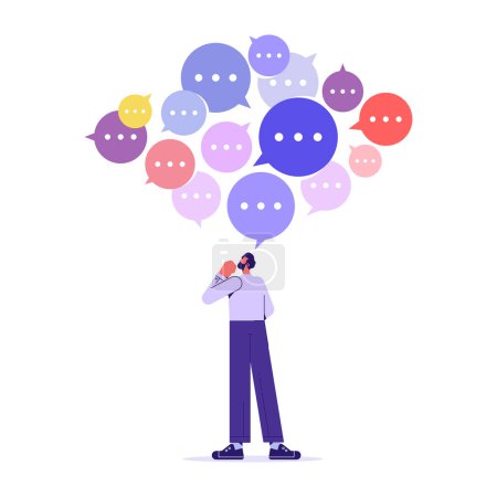 Illustration for Gather ideas concept. Businessman with many speech bubbles. Metaphor for brainstorming, strategy and creative thinking - Royalty Free Image