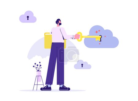 Illustration for Man carrying the password key for cloud system. Internet privacy data and information safety management or secure cloud with password - Royalty Free Image