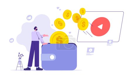 Ilustración de Redes sociales en línea jugando video para hacer dinero concepto de ingresos pasivos, hombre de negocios crear contenido de vídeo para ganar dinero en línea - Imagen libre de derechos