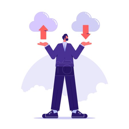 Ilustración de Datos en la base de datos sobre servicios en la nube, hombre de negocios sostiene el cartel de almacenamiento en la nube con flechas hacia arriba y hacia abajo, descarga y carga archivos en la nube - Imagen libre de derechos
