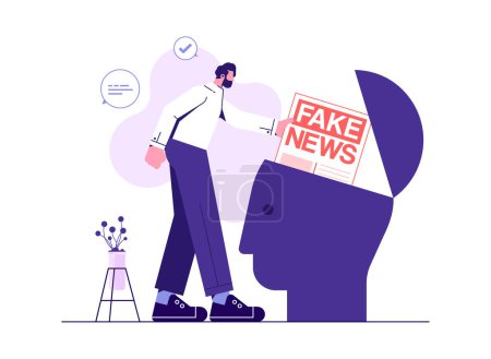 Ilustración de Fake news concept.Metaphor sobre los medios contemporáneos, la gente leyendo noticias falsas, el hombre añadiendo noticias falsas en la cabeza humana grande - Imagen libre de derechos