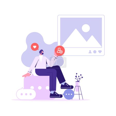 Illustration for Man sits on speech bubbles and add new user or follow under the photo on social networks. Increase your social media followers with successful marketing concept - Royalty Free Image