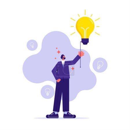 Illustration for New creative ideas and solutions, the concept of idea, brainstorm, thinking, businessman with light bulb, flat vector illustration - Royalty Free Image