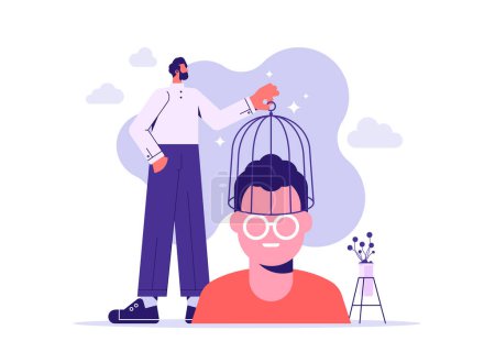 Illustration for Businessman take cage from man head free his mind to new ideas and knowledge, concept of brain free from imprisonment, creative thinking and unlock potential, vector illustration - Royalty Free Image