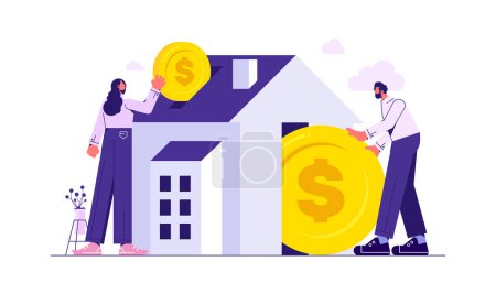 Illustration for Real Estate investments. People drops gold coin into house. Earnings on real estate. Successful investment in property. Financial wealthy. Flat vector illustration - Royalty Free Image