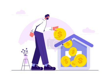 Ilustración de Haga un plan de ahorro para comprar una casa o un préstamo hipotecario. Deuda de la casa, paga la casa. El hombre puso moneda en la casa - Imagen libre de derechos