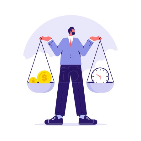 Work life balance, businessman hold scales in hands, find perfect balance between money and time. Man employee have balance work and life. Vector illustration
