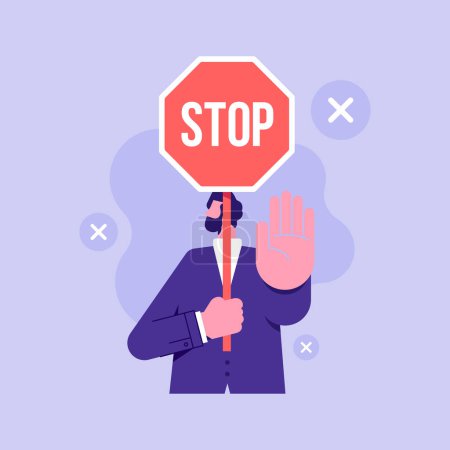 Illustration for Businessman puts out his hand and orders to stop and holding a stop sign in front of his head, business concept in saying no, stop, or disagreement - Royalty Free Image