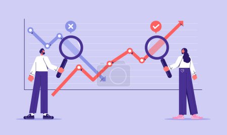 Illustration for Crisis and growth analytics, stabilization and sales arrow graph prediction. Development, stock or investment analytics statistics, Business team analyst financial graph, flat vector illustration - Royalty Free Image
