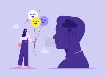 Ilustración de Mujer dando buenas emociones icono, Compartir energía positiva entre compañeros de trabajo, ayudar con problemas mentales, frustración y estrés - Imagen libre de derechos