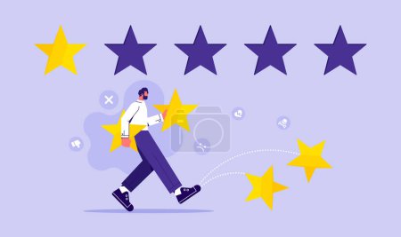 Illustration for Online feedback reputation bad quality customer review concept, businessman giving one gold star rating. negative ranking vote, Customer experience negative review - Royalty Free Image