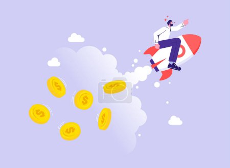 Illustration for Businessman riding a flying rocket with money, career, salary, earnings profit, concept of financial success - Royalty Free Image