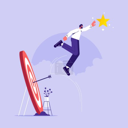 Illustration for Businessman jumps on target as trampoline to a star, flat cartoon vector illustration, concept of reaching the goal in business vector - Royalty Free Image