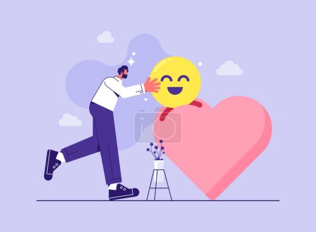 Illustration for Businessman put emoticon smile in heart, giving a good mood concept, Help with mental problems, Motivation, positive thinking, mental health - Royalty Free Image