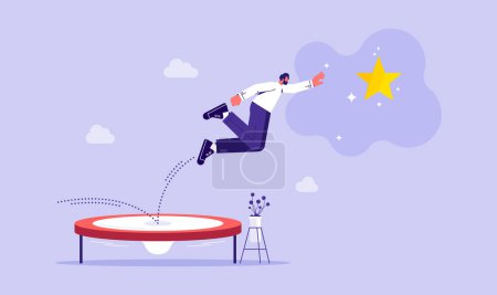 Illustration for Reach goal or target, growth and achievement concept, businessman jump on trampoline to grab star, reach success, improvement or career development - Royalty Free Image