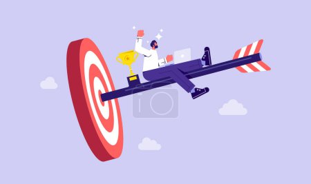 Illustration for Business objective, purpose or target, goal and resolution to aim for success, aspiration and motivation to achieve goal concept, confident businessman sit on arrow hit center of target - Royalty Free Image