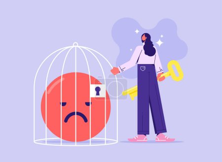 Illustration for Bad mood and negative emotions closed in cage, woman lock negative emoji in birdcage, positive thinking, good mood helps to live and work, mental health - Royalty Free Image