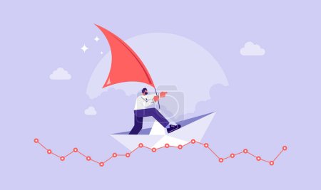 Illustration for Courage and leadership to success business, investment volatility metaphor, financial stock market fluctuation rising up and falling down concept, investors standing in paper boat on fluctuated market chart - Royalty Free Image
