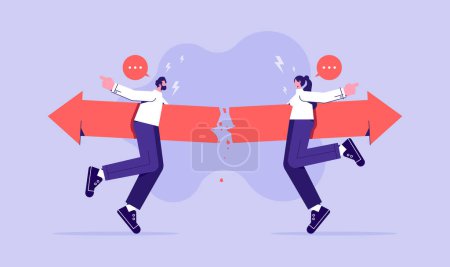 Illustration for Different business direction or team conflict, opposite decision, contrast or disagreement concept, businessman and businesswoman holding with arrows in different directions - Royalty Free Image