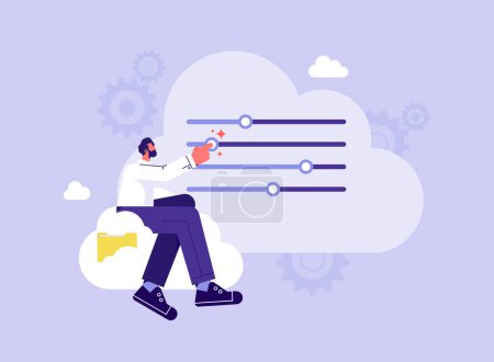 Illustration for Privacy policy concept. Account access, data protection, cloud storage, businessman setting privacy or security service system on cloud - Royalty Free Image