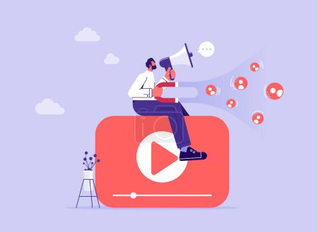 Concepto de video marketing en línea, líder de negocios que trabaja con contenido viral utilizando imanes y megáfono para publicitar al cliente