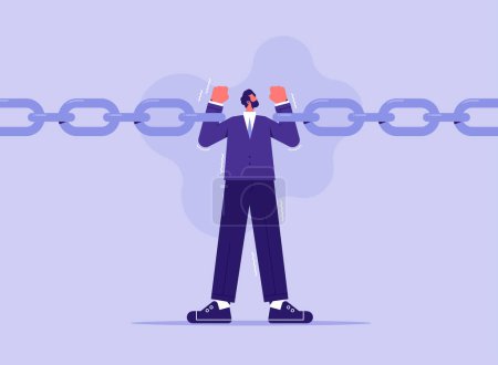Illustration for Weakness or conflict causing failure in business and investment concept, tried fatigue businessman trying to hold broken chain together - Royalty Free Image